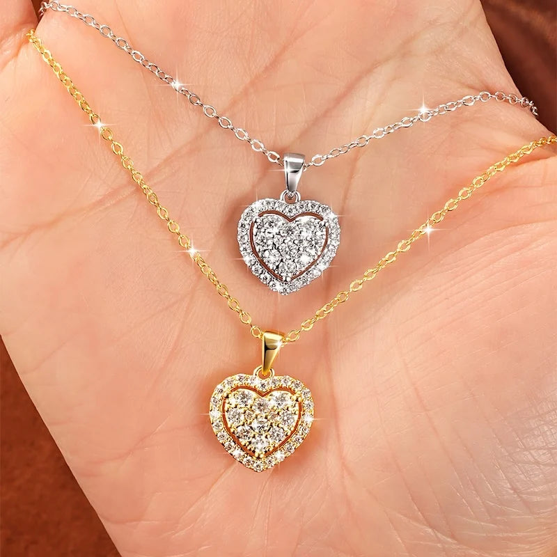 IOGOU Romantic Full Moissanite Halo Heart-Shaped Pendant Necklace Certified Lab Created Diamond Necklace for Women Jewelry Gifts