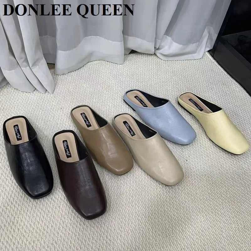 Fashion Square Toe Flat Slippers Women Casual Slip On Mule Luxury Brand Outsides Slides Elegant Pleated Ladies Shoes Sandal Flip