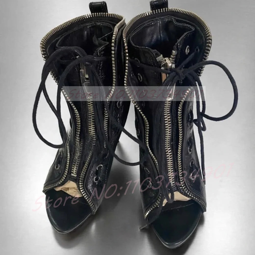Zip Up Peep Toe Ankle Boots Women High Heels Black Leather Solid Lace-up Shoes