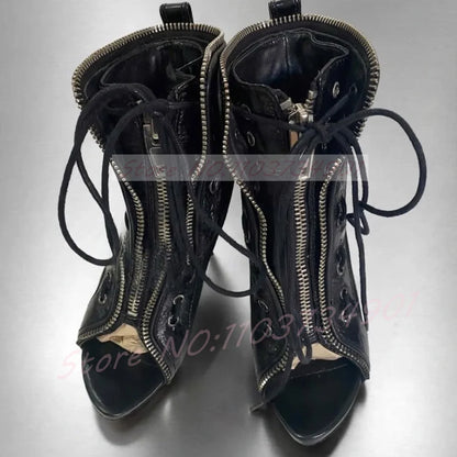 Zip Up Peep Toe Ankle Boots Women High Heels Black Leather Solid Lace-up Shoes