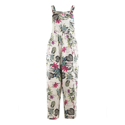 Women Plus Sizes Jumpsuit Leaf Floral Print Square Neck Sleeveless Fashion Casual Overalls with Pockets