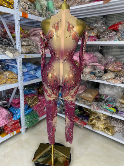 Sparkly Rhinestones Printed Mesh Bodycon Green Jumpsuits With Sleeves See Through Masquerade Costume Dress Night Club DJ Gogo