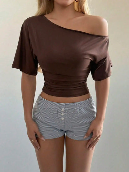 Women's Off Shoulder Tops Summer New Fashion Slim Solid Short Sleeve Cropped Femme Party Sexy Street Casual Basics Pullover Tees
