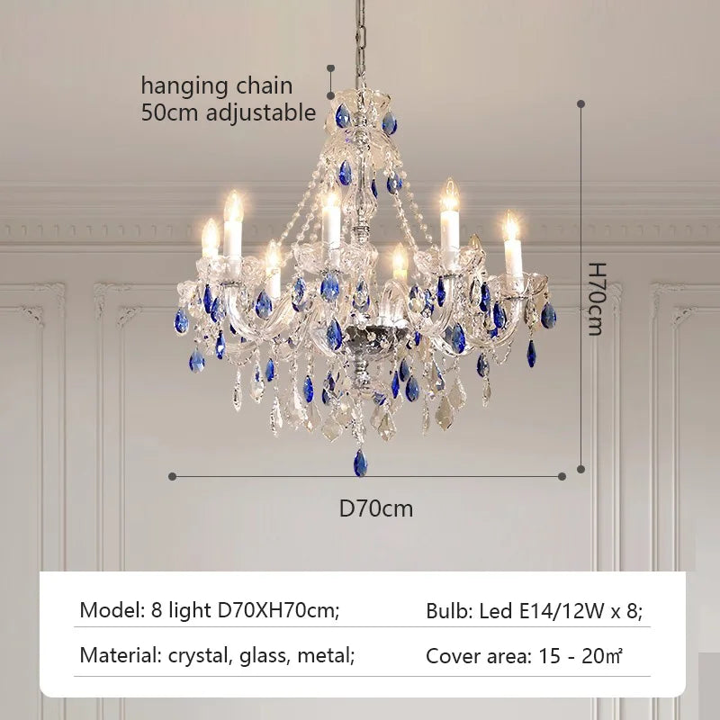 French Blue Romantic Crysatl Chandeliers Light Luxury Glass Living Room Art Decor Candle Pendant Lights Lighting Bedroom Lamps