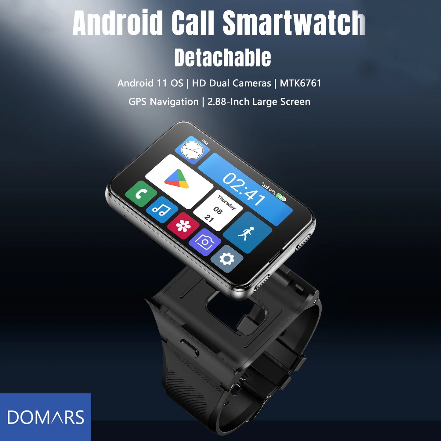 Domars Smart Watch Android 11 2.88" Screen 2MP/8MP Dual Camera 4GB RAM 64GB ROM 2300mAh Men Smartwatch Women Clock