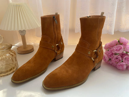 Brown Men Chelsea Boots Handmade High-quality Cow Suede Business Casual Square Toe Mid-heel Men Shoes Motorcycle Boots With Heel