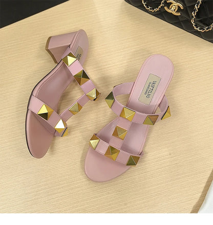 Women's Heels Sandals Gladiator Summer Luxury Brand Designer Rivets Open Toe Slipper Slingbacks Comfortable Ladies Shoes Women