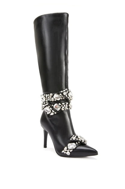 2025 Women's New Pointed Gold Crystal Buckle High Heel Slim Fit Boots Straight Tube Diamond Decoration Knee Long Boots 44