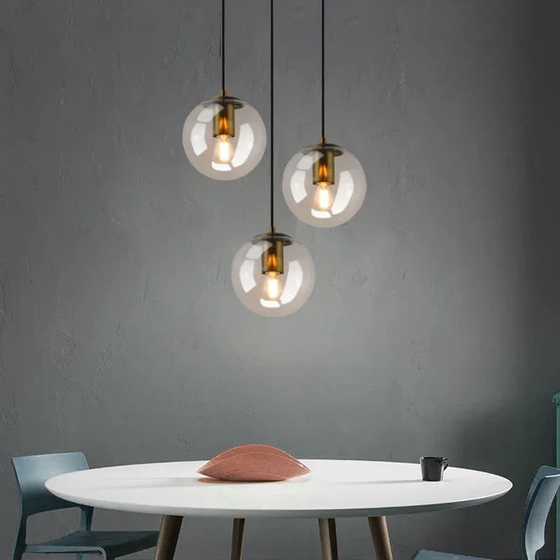 Modern Simple Glass Chandelier Bar Counter Restaurant Gold Hanging Lights Silver Metal Amber Ashtray Ball Glass Suspension Lamp