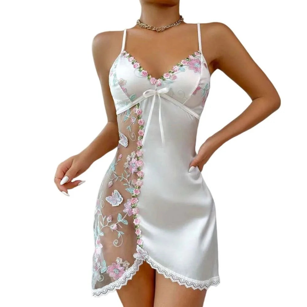 Thin Lace Bow Women's Pajama Dress Embroidered Mesh Transparent Ice Silk Suspender Nightdress Sleeveless Sleepwear