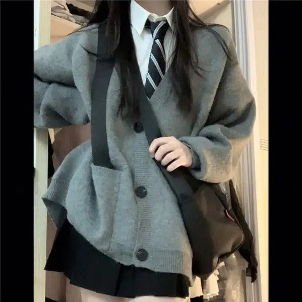 Japanese and Korean College Style V-neck Autumn Winter Grey S-8XL School Uniform JK Long Sleeve Women's Role Play School Girl