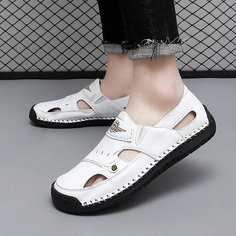 Mens Walking Shoes Summer Breathable Leather Hand Sewn Minimalist Baotou Flat Shoes Soft Elastic Daily Casual Male Sandalia