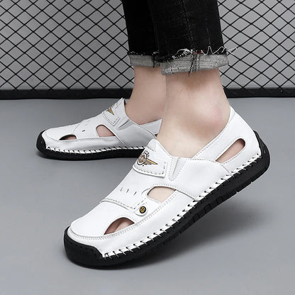 Mens Walking Shoes Summer Breathable Leather Hand Sewn Minimalist Baotou Flat Shoes Soft Elastic Daily Casual Male Sandalia