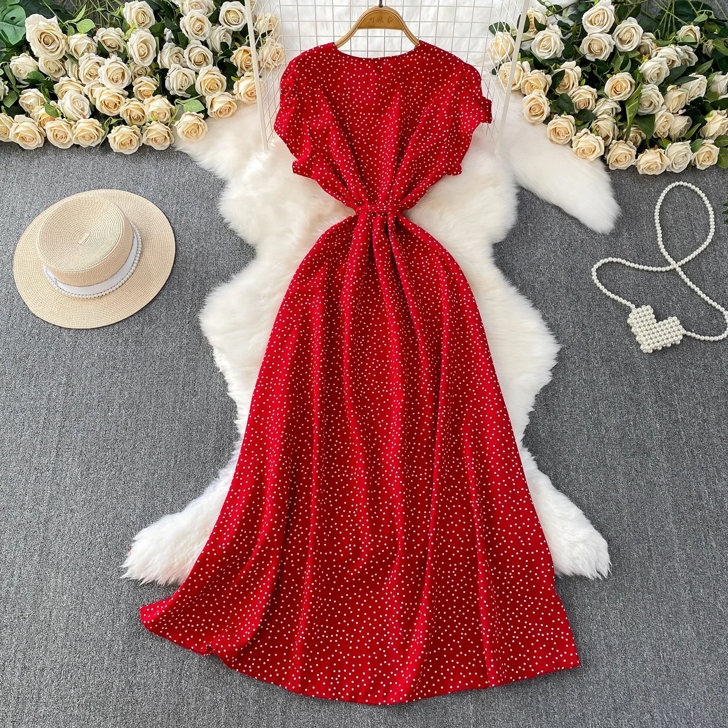 Summer Women Polka Dot Long Dress Vintage V-Neck Flying Sleeve High Waist Single Breasted A-Line Casual Vestidos Female Robe New