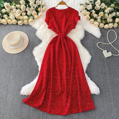 Summer Women Polka Dot Long Dress Vintage V-Neck Flying Sleeve High Waist Single Breasted A-Line Casual Vestidos Female Robe New