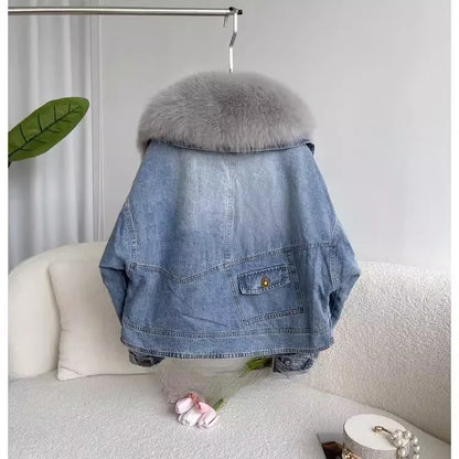 Winter Thickened Short Denim Jacket Fashion  Parkas Jeans Jacket Luxury Fur Coat Removable Fur Collar Cotton Jacket New