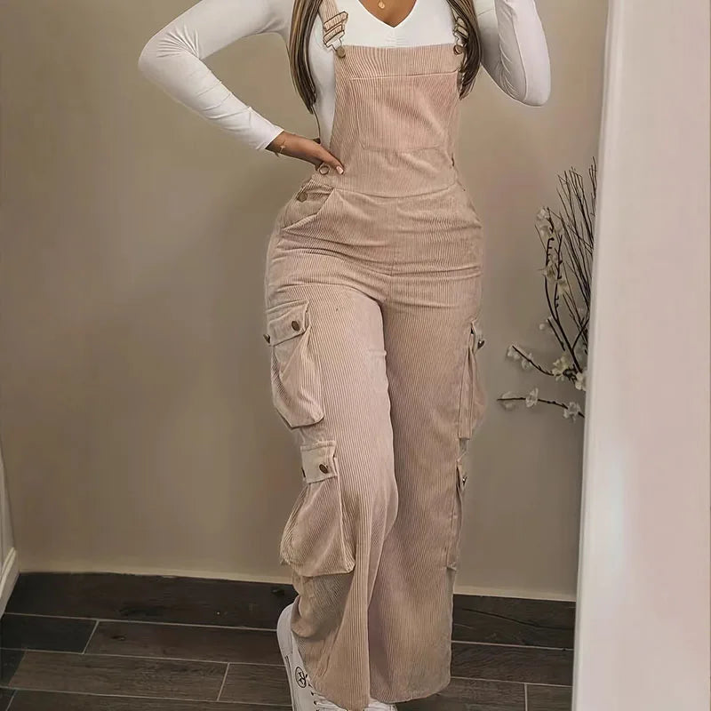 Y2K Casual Solid Strappy Bodysuit Sexy High Waist Ribbed Corduroy Overalls Spring Summer Cargo Pocket Wide Leg Women's Jumpsuits