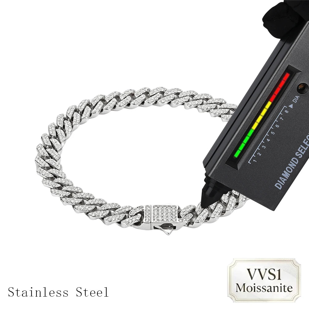 ESKEEM 8mm Width VVS1 Moissanite Cuban Chain Double Rows Iced Out Stainless Steel Spring Clasp Necklace Bracelet Men Women Gift