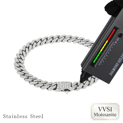 ESKEEM 8mm Width VVS1 Moissanite Cuban Chain Double Rows Iced Out Stainless Steel Spring Clasp Necklace Bracelet Men Women Gift