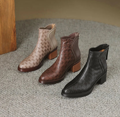 Leather Fleece-Lined Women's Ankle Boots Elegant Luxury Y2k Heeled Female Short Shoes New in Autumn Winter Pointed Toe Booties