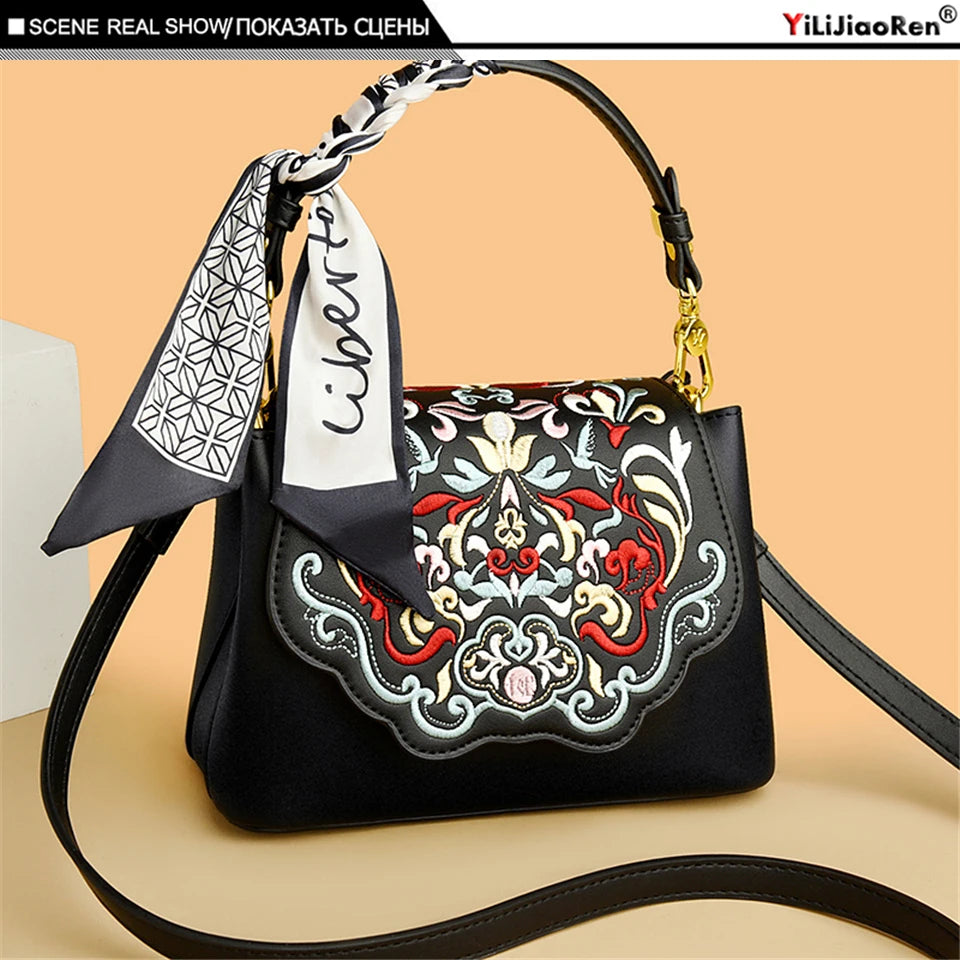Fashion Embroidery Shoulder Bag Women Designer High Quality Leather Handbag Purse Ladies Small Crossbody Messenger Bag Female