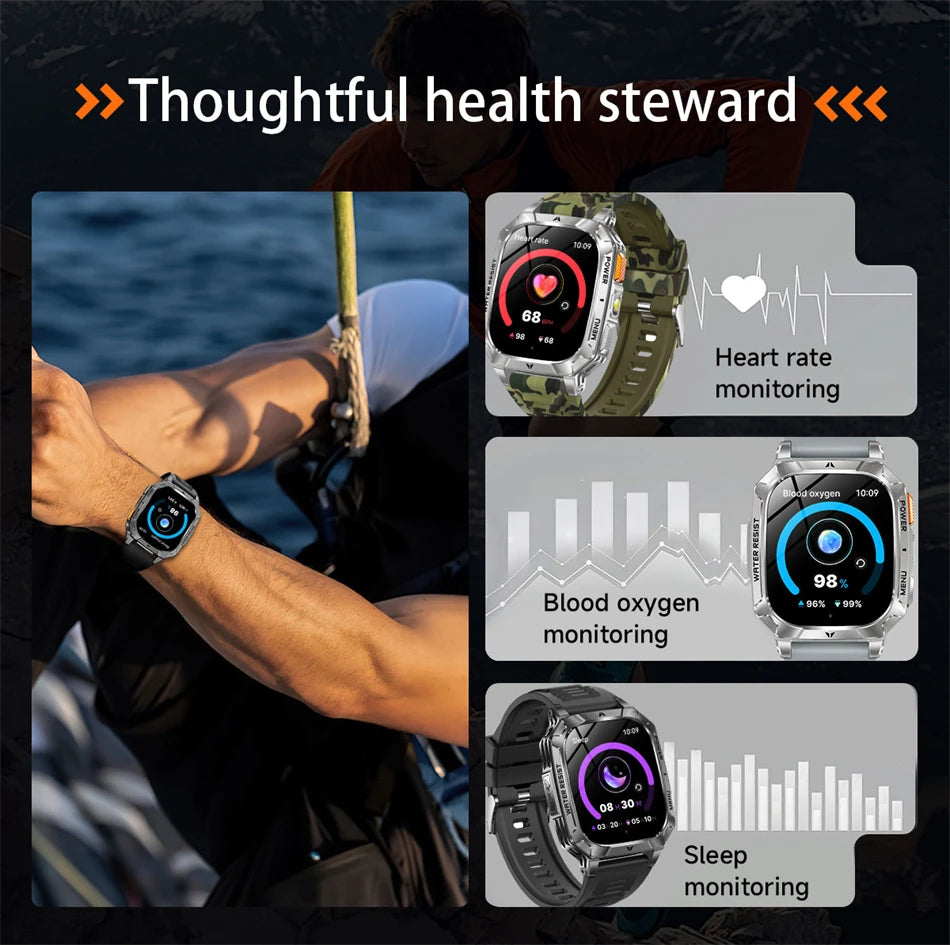 New 1400 mAh Battery Military Smartwatch Men IP68 Waterproof Flashlight Health Monitor Sports Call Smart Watch For iOS Android