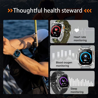 New 1400 mAh Battery Military Smartwatch Men IP68 Waterproof Flashlight Health Monitor Sports Call Smart Watch For iOS Android