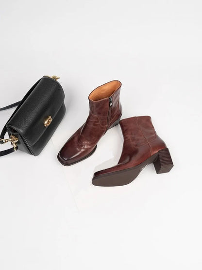 Elegant Office Ladies Chunky Heels Genuine Leather Short Boots Square Toe New Designer Shoes Women Vintage Cowhide Ankle Boots