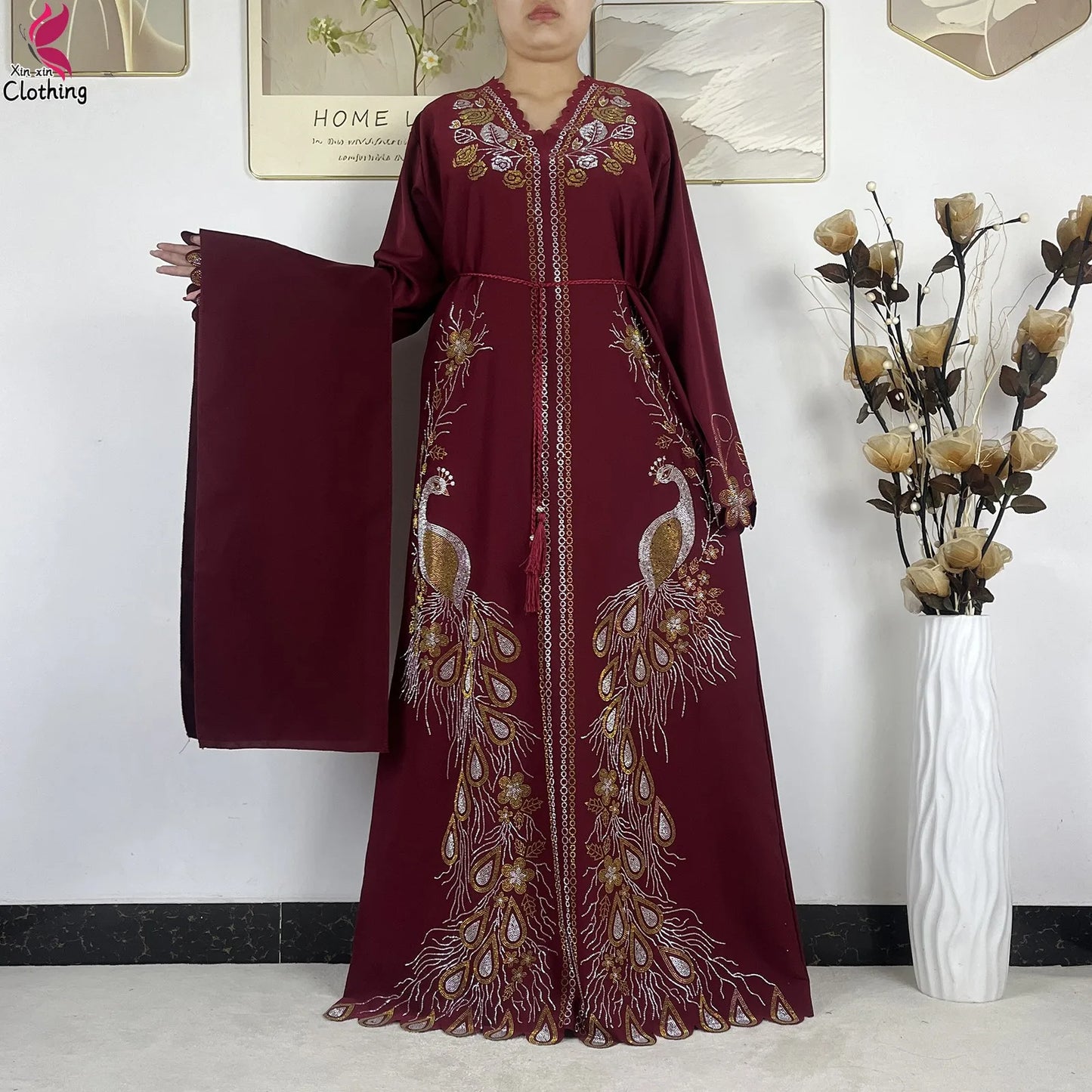 2026New Dubai Muslim Women Modest Dress Diamond Chiffon Elegant Arabic Femme Hijab African Abaya Islamic Long Sleeve Turkey Robe