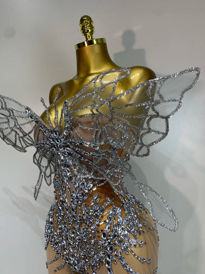 Sparkly Silver Diamond Butterfly Strapless Sheer See Through Jumpsuit Eveing Party Birthday Bar Nightclub Sexy Stage Costumes