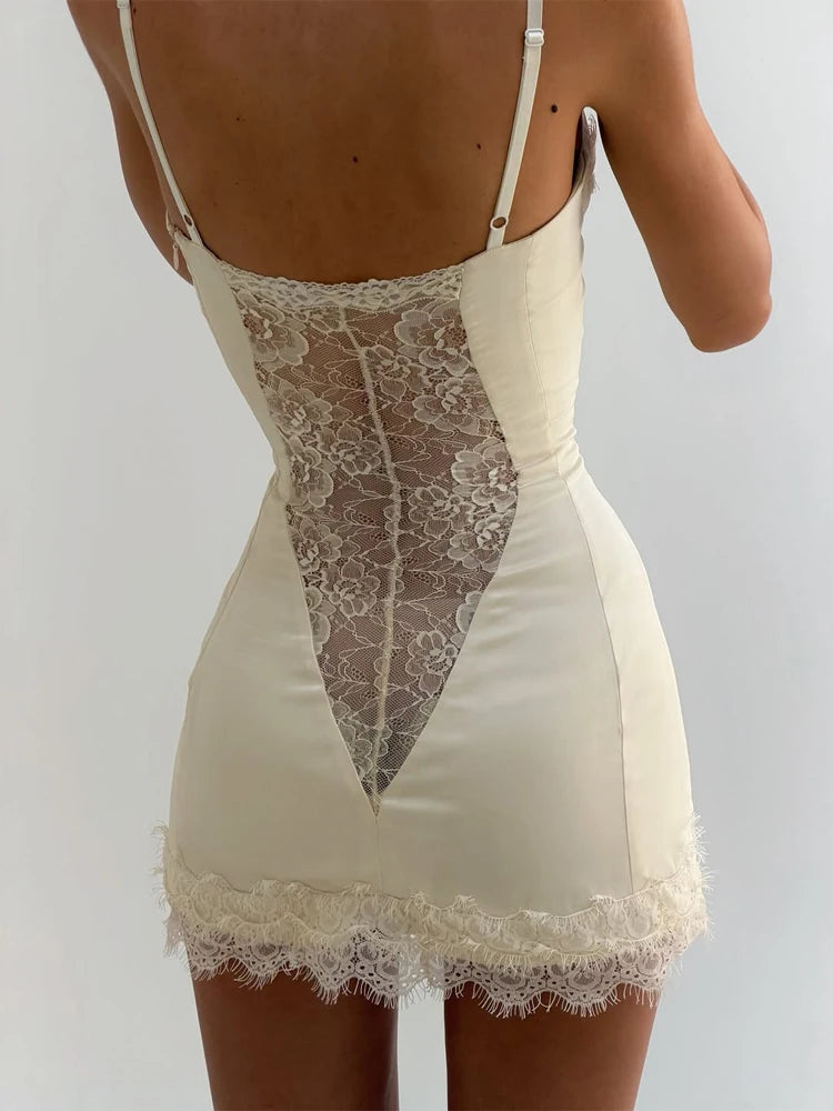 Sexy Blue Satin Lace Slip Mini Dress Women Spaghetti Strap V Neck Hollow Out Bodycon Dresses Lady Summer Beach Short Gown 2026