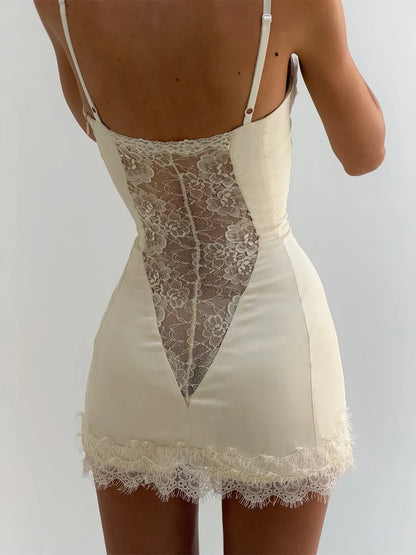 Sexy Blue Satin Lace Slip Mini Dress Women Spaghetti Strap V Neck Hollow Out Bodycon Dresses Lady Summer Beach Short Gown 2026