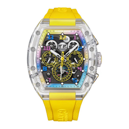 BONEST GATTI Men Automatic Watch Tonneau Mechanical Wristwatch Crystal Case Rubber Band Month Week Date Multi Dial Watches