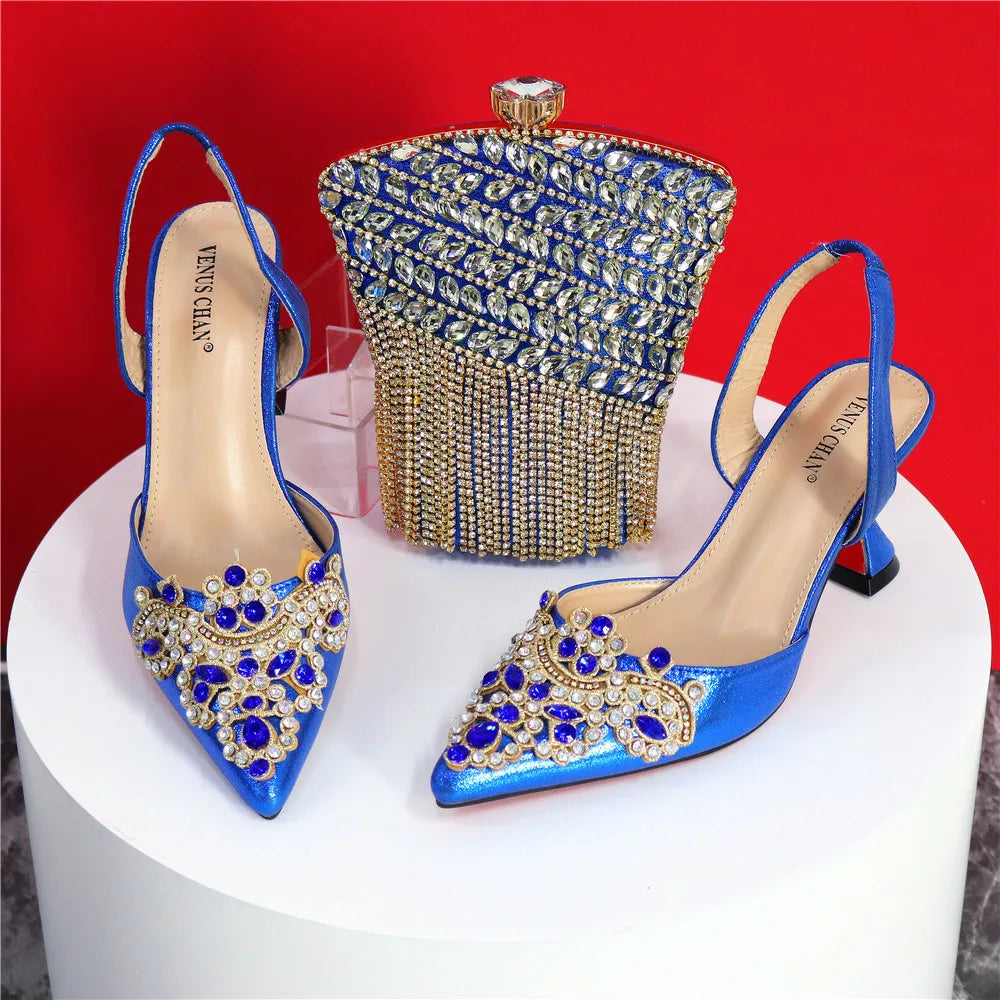 Exquisite 2024 Elegant Woman High Heels Peep Toe Shandals with Rhinestone Italian Design Shoes and Bags Set for Party