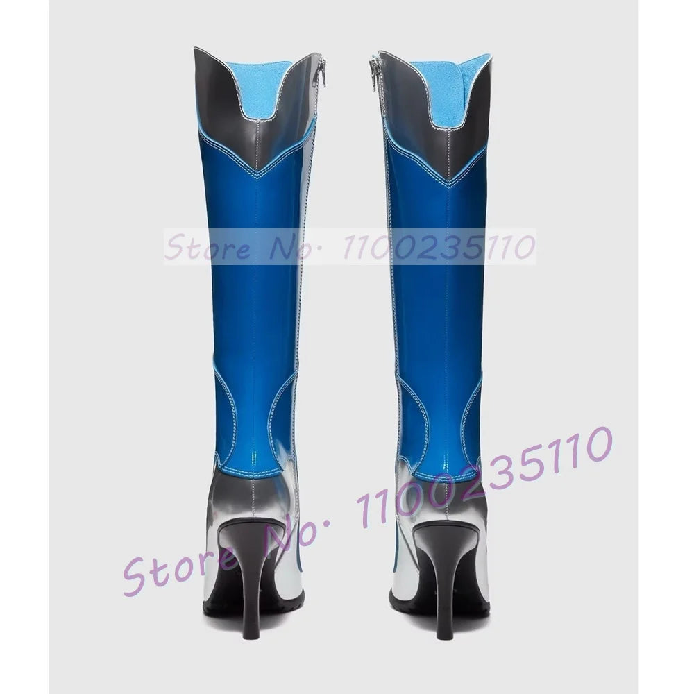 Blue Patent Leather Knee High Boots Women Stylish Pointy Toe Cross Tied High Heels Dress Shoes Ladies Hollow Out Cool Tall Boots