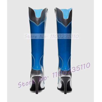 Blue Patent Leather Knee High Boots Women Stylish Pointy Toe Cross Tied High Heels Dress Shoes Ladies Hollow Out Cool Tall Boots