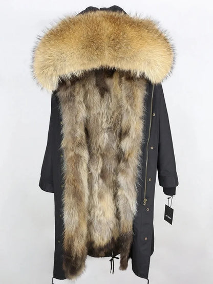 Real Fur Coat Winter Jacket Women Long Parka Waterproof Big Natural Raccoon Fur Collar Hood Thick Warm Real Fox Fur Liner coat