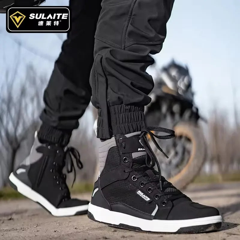 Men Motorcycle Boots Breathable Anti-fall Rider Road Racing Casual Shoes Boots Gear Shift Rubber Sole Reflective Motorbike Shoes