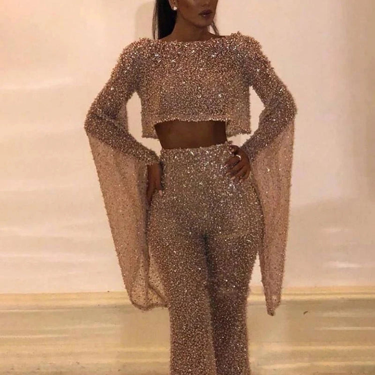 Elegant Flare Sleeve Women Club Party Romper Fashion O Neck Slim Fit Overalls Sexy Cut Out Waist Backless Shiny Sequin Jumpsuits