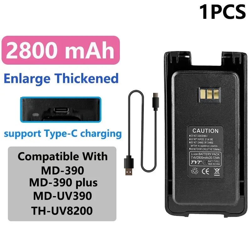 MD-390 Original Battery Enlarge Thicker Battery USB-C Charge 3600mAh Compatible With MD-UV390 MD-390Plus TH-UV8200 Walkie Talkie