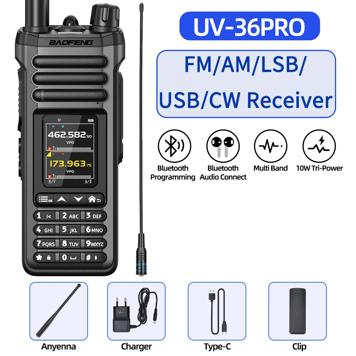 BAOFENG UV-36 PRO 10W Tri-Power Walkie Talkie Dual Mode Two Way Radio Bluetooth Programming FM Receiver Handheld Transceiver