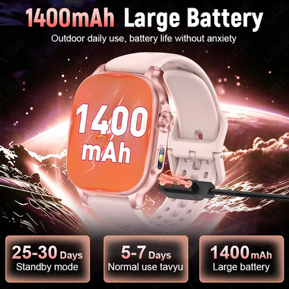 LIGE 2026 New Built-in 1400mAh Super Large Battery Women Men Smart Watch Outdoor 2.01" Screen IP68 Waterproof BT Call Smartwatch