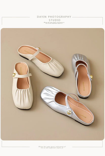 Women Closed Toe Mule Slippers Outdoor Wear Summer Silver One Strap Flat Beach Sandals Elegant Casual Daily Fashion Footwear