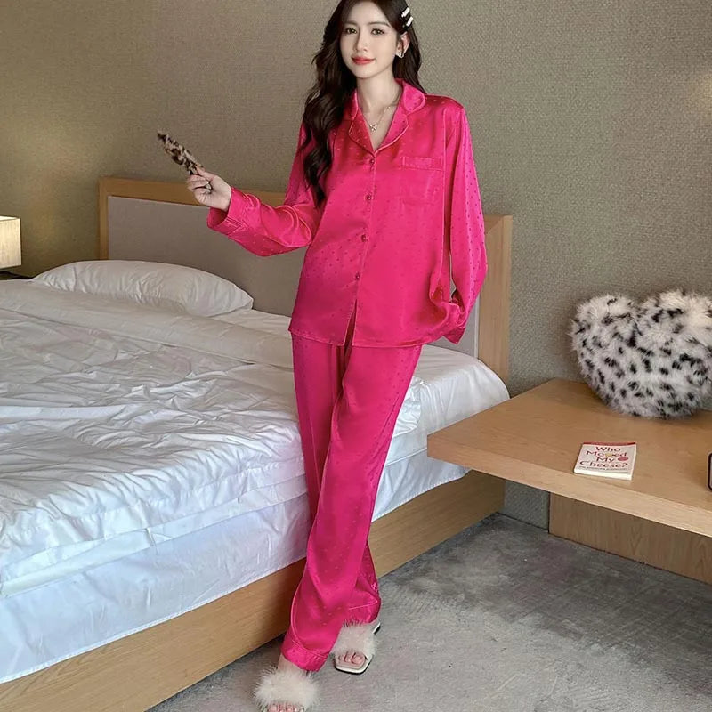 Women's New Arrival Silk-Feel Ice-Silk Lightweight Long-Sleeve Pajama Set Two-Piece Comfortable Homewear Suit