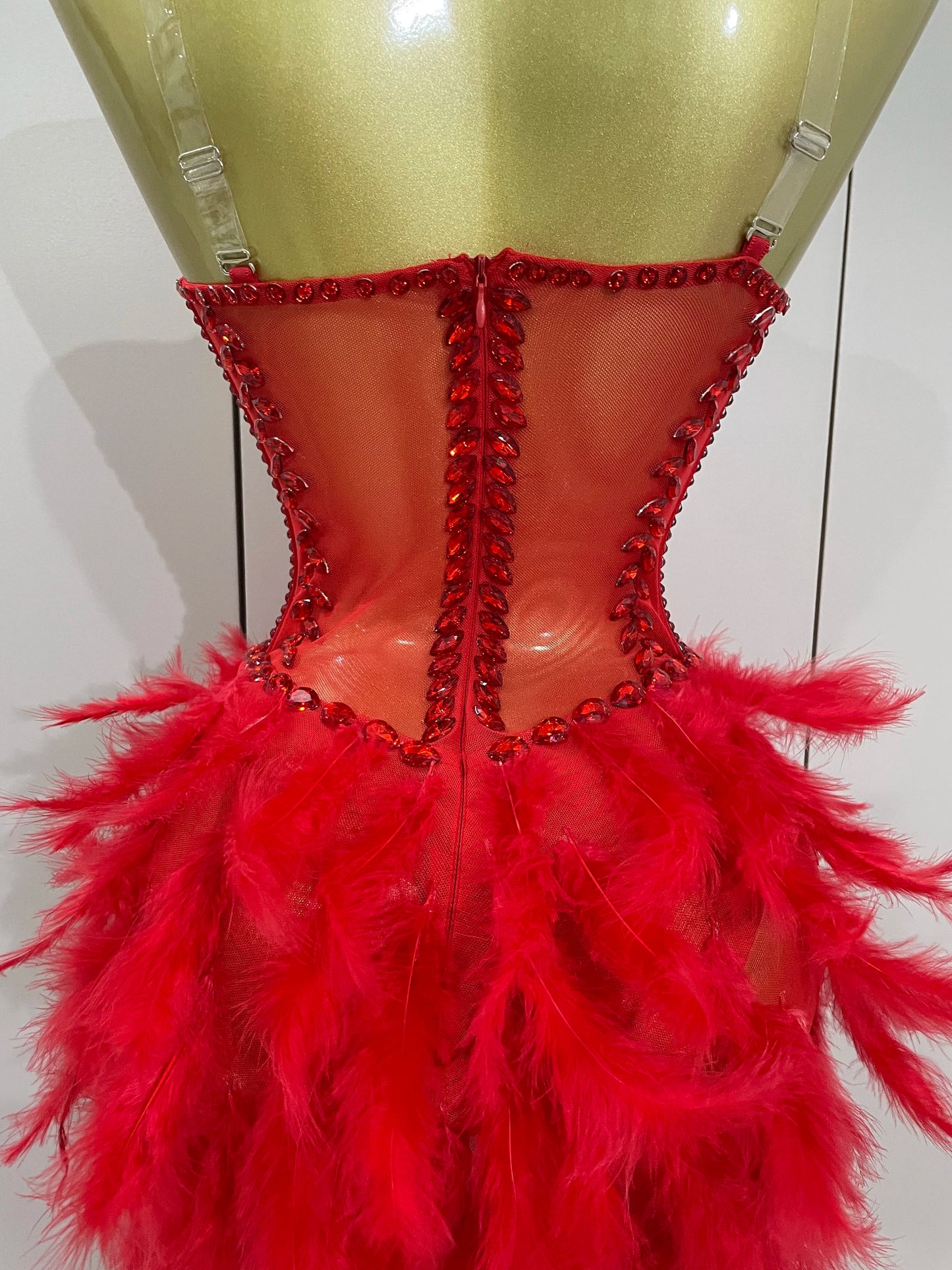 Luxury Sparkly Rhinestones Feathers Long Tail Dress Sexy Mesh Transparent Stage Bodysuit Evening Party Celebrate Birthday Dress