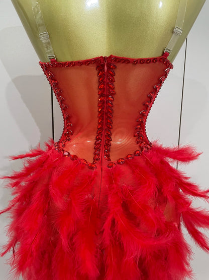 Luxury Sparkly Rhinestones Feathers Long Tail Dress Sexy Mesh Transparent Stage Bodysuit Evening Party Celebrate Birthday Dress
