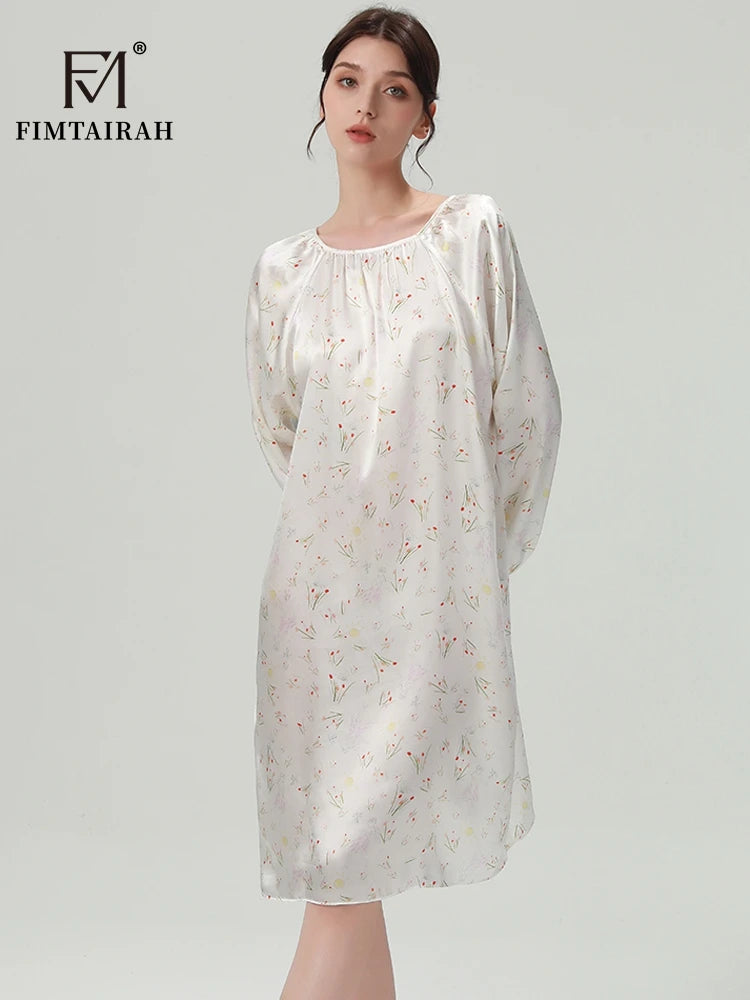 FIMTAIRAH 6A 19MM Silk Nightgown, long pajamas, long-sleeved silk high-end round-neck home wear Dress Night
