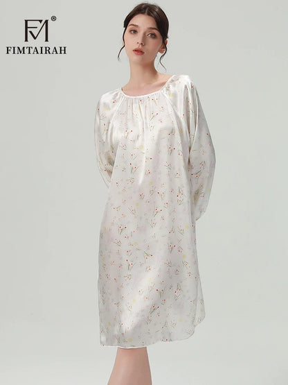 FIMTAIRAH 6A 19MM Silk Nightgown, long pajamas, long-sleeved silk high-end round-neck home wear Dress Night
