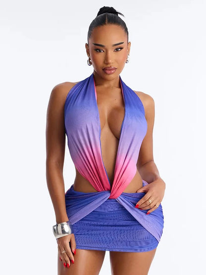 Weird Puss Colorful Gradient Print Dress Women Backless Sleeveless Halter Deep v-Neck Mesh Folds Summer Fashion Mini Bodycon