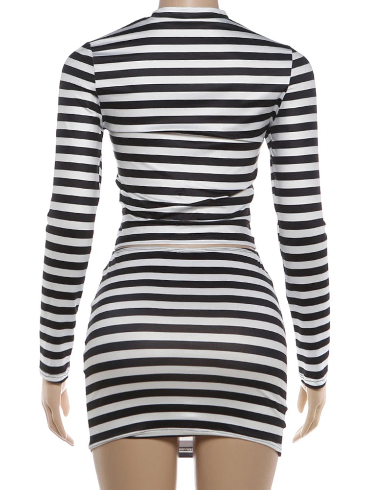 Weird Puss Striped Print 2-Piece Set Women O-Neck Full Sleeve Crop Tops+Mini Simple Skirt Spring Trend Skinny Classic Party Suit